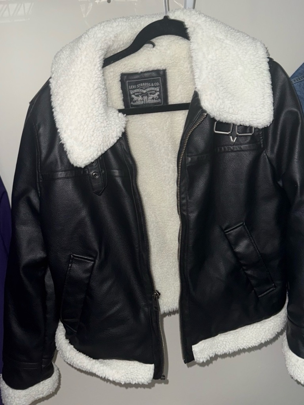 Levi's Black Faux Leather Bomber Jacket with White Sherpa Trim